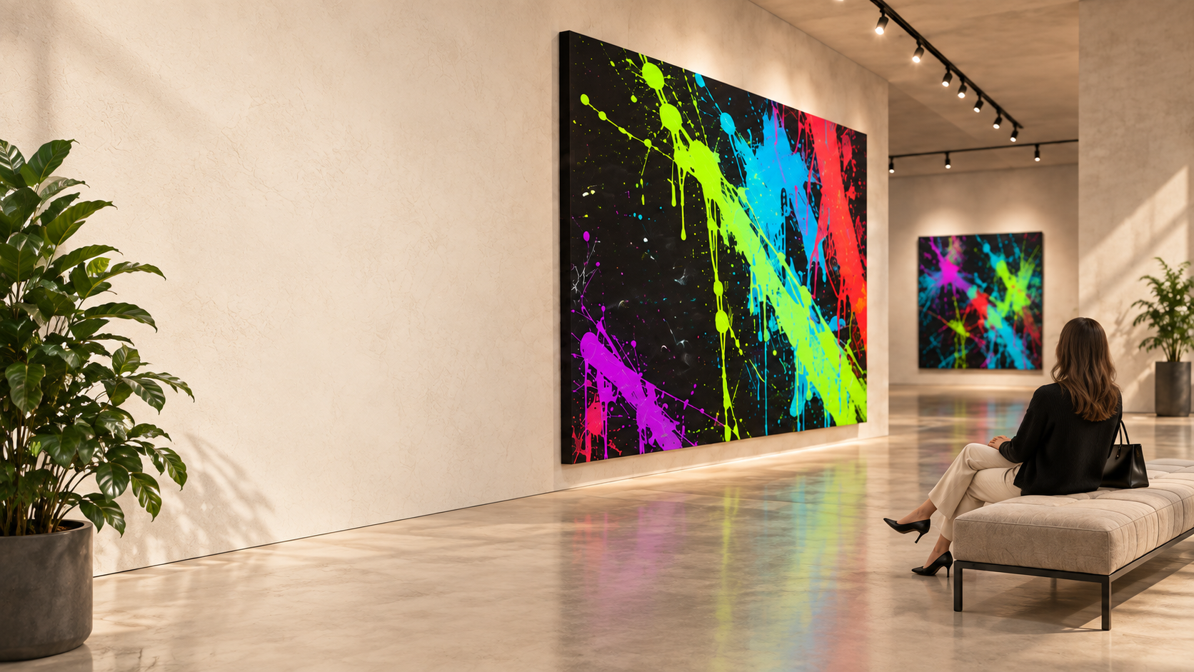Besucherin betrachtet ein farbenfrohes Kunstwerk in einer hellen Galerie