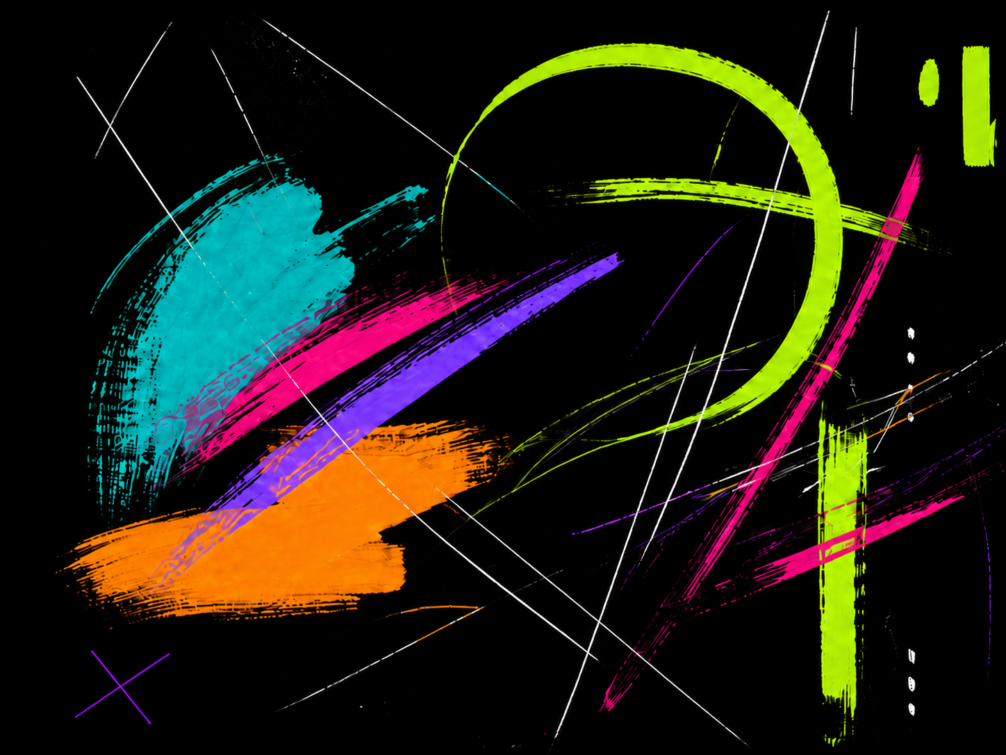 Abstract artwork with energetic neon brushstrokes on black